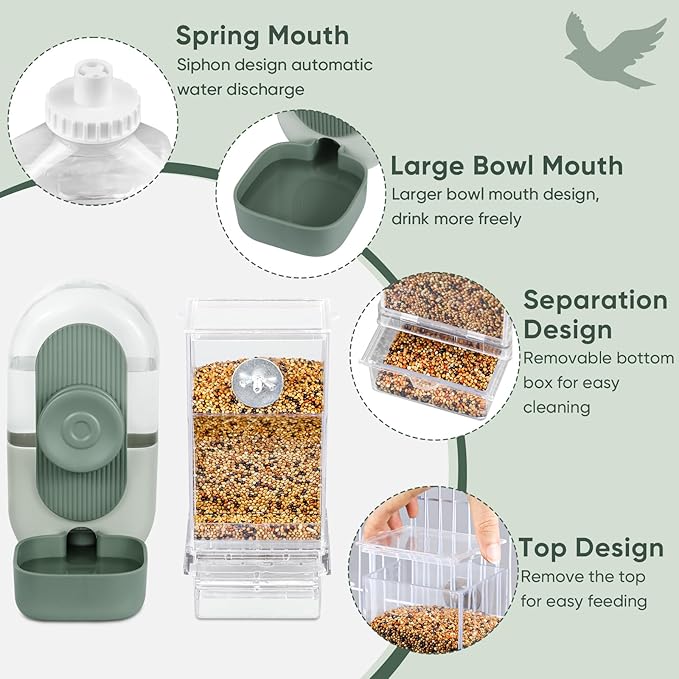 Lemtrflo No Mess Bird Feeder & Water Dispenser Set - Automatic Feeding & Hydration, Parakeet Cage Accessories for Parrots, Cockatiels, Finches, Lovebirds & Budgies