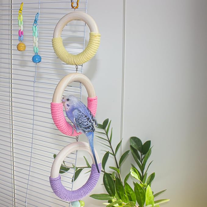 3-Ring Bird Wooden Swing Climbing Toy Chewable Cotton Rope Perch for Cage Cockatiels Budgies Parakeets Lovebirds
