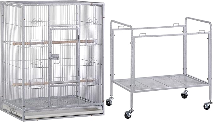 53 Inch Height Wrought Iron Standing Parrot Large Flight Bird Cage with Rolling Stand Birdcages for Parakeet Cockatiel Conure Lovebird Finch, White