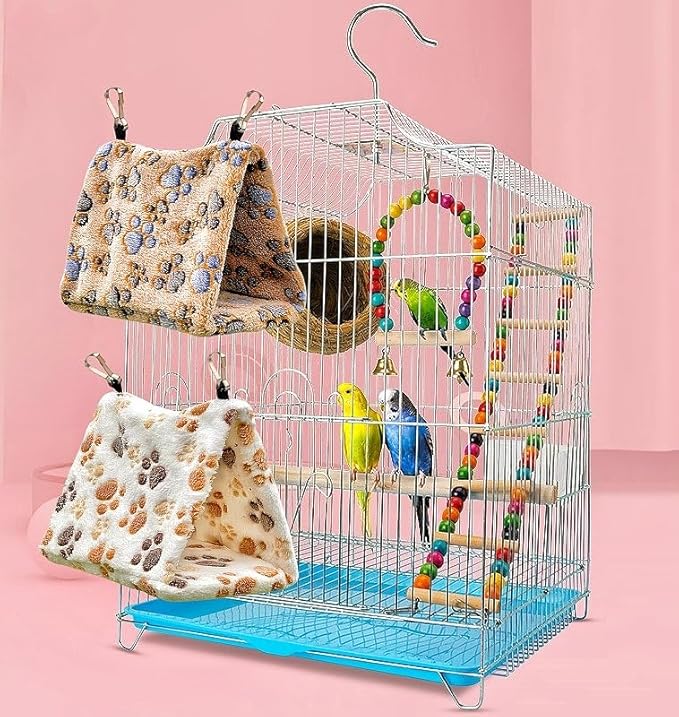 2 Pack Bird Nest Plush Snuggle Bird Hammock Hanging Bird Cave Parrot Sleeping Bed Shed Hut Hanging Tent for Budgies Finch Parakeet Cockatiel Cockatoo Lovebird-Foot Pattern (Brown&White)