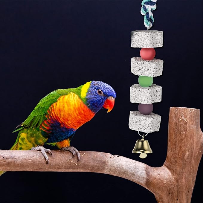 Sanwuta 4 Pack Bird Toy Bird Beak Grinding Stone Parrot Chewing Toys with Bell Bird Cage Accessories Parrot Beak Stone Lava Block Calcium Stone for Parakeet Cockatiel Conure Hamster Chinchilla Rabbit