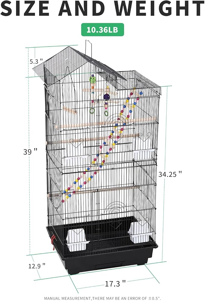 HCY 39 Inches Bird Cage Roof Top Large Flight Parrot Bird Cage with Toys for Medium Small Birds,Lovebirds,Finch,Cockatiel Parakeets,Parrot, Iron Bird Cage