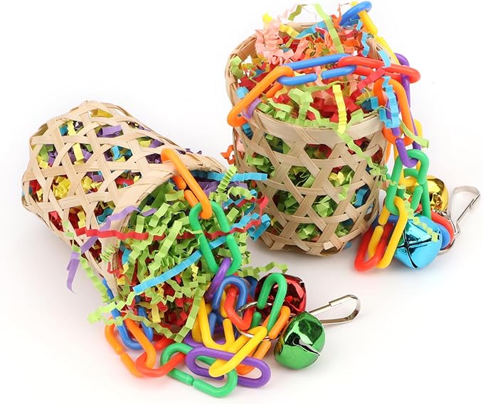Wontee Bird Colorful Shredding Crinkles Foraging Toys Natural Sola Ball for Parrots Cockatiels Conures Budgies Senegal (Bamboo Basket (2 Pack))