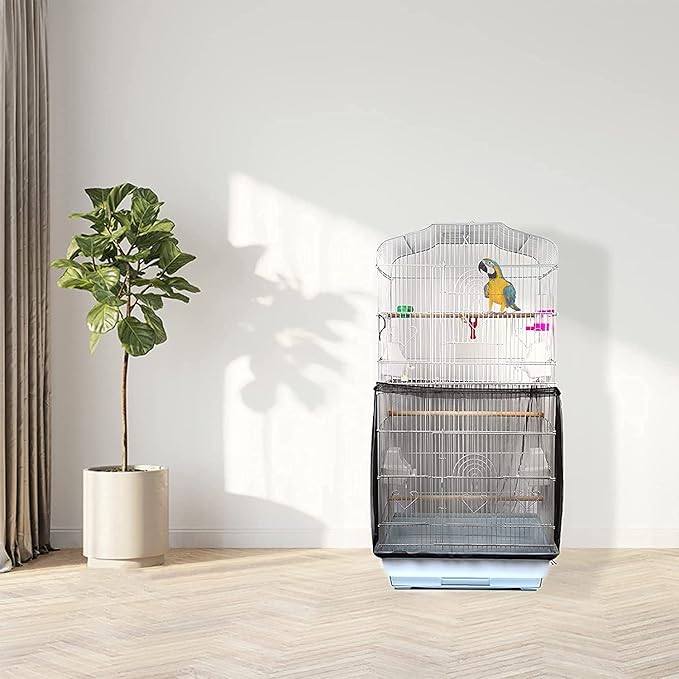 Universal Bird Cage Seed Catcher,Seed Catcher Guard Net Cover,Parrot Nylon Mesh Net Cover,Soft Airy Cage Net Stretchy Skirt for Round Square Cages (Circumference 74 inch to 118 inch,Black)