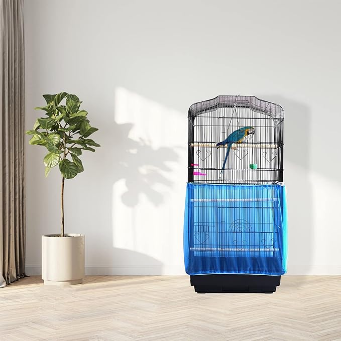 Daoeny Universal Bird Cage Cover, Adjustable Seed Feather Catcher, Soft Airy Nylon Mesh Parrot Net, Birdcage Cover Skirt Sheer Guard for Round Square Cages (Blue)