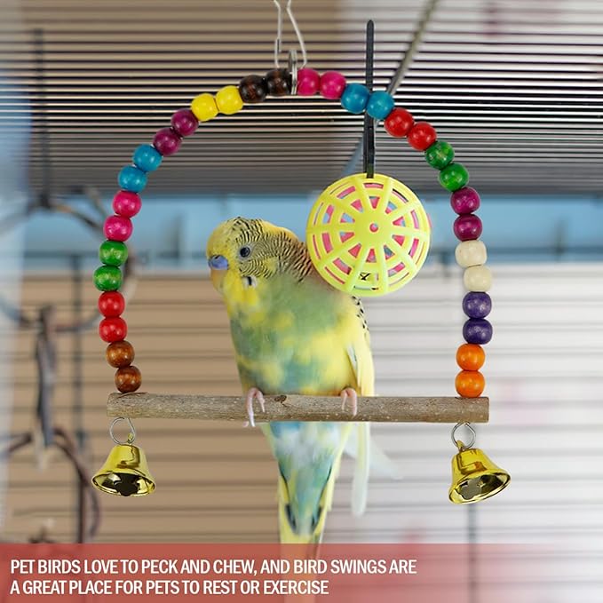2 Pcs Wooden Bird Swing for Cockatiels Parakeets - Natural Wood Perch Hanging Toy with Colorful Beads Bell, Birdcage Climbing Accessories for Lovebirds Conures Budgies