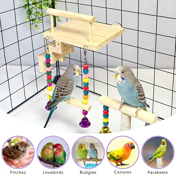 kathson Bird Perches Cage Toys with Bird Climbing Ladder Swing,Wooden Parrot Perches Platform,Parakeet Play Gyms Exercise Stands Cage Accessories for Green Cheeks,Lovebird,Budgie,Cockatiels