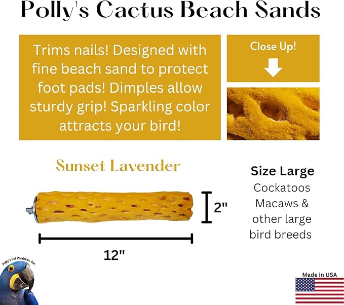 Polly's Beach Sands Nail Trimming Bird Cage Perch for Parakeets, Cockatiels, Amazons, Grays, Cockatoos, Macaws, eclectus and Many Other Birds (Large, Gold)