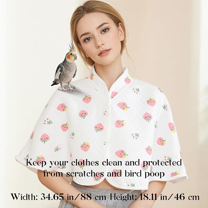 Reusable Parrot Diaper & Shoulder Protector - Poop Catcher Cloak for Cockatiels, Conures, Parakeets, Lovebirds, Small Macaws - Parrot Toys (White - Strawberry Pattern, Large)