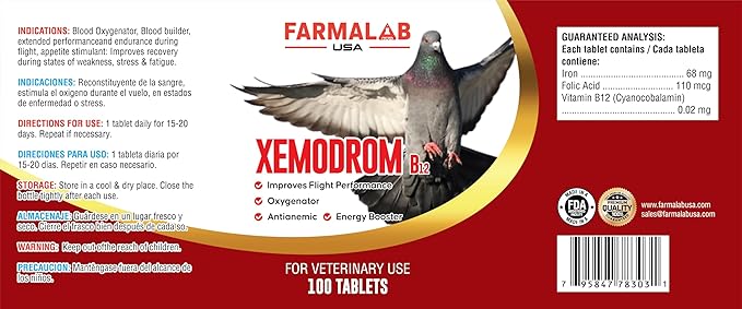 Xemodrom B-12 Supplement for Pigeons, 100 Tablets, Improves Flight Performance, Oxygenator, Antianemic, Energy Booster para Palomas Farmalab