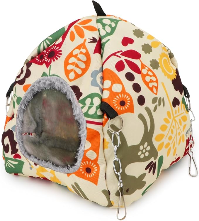 Bird Plush Hammock Parrot Hanging Snuggle Cave Happy Hut Tent for Parakeet Cockatiel Conure Lovebird Budgie Hamster Gerbil Rat Chinchilla Squirrel Cage (M, Beige Pattern)