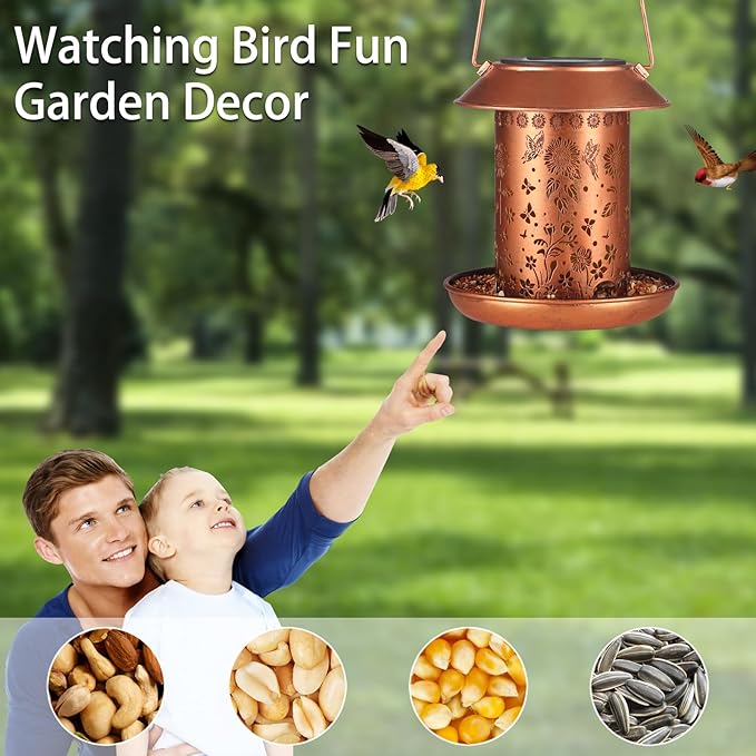 Solar Bird Feeder for Outdoors Hanging,Solar Lanterns Outdoor Waterproof Hanging Garden Decor,Metal Wild Bird Feeders Decoration Outside Birthday Gifts for Women and Mom(Sunflower)…
