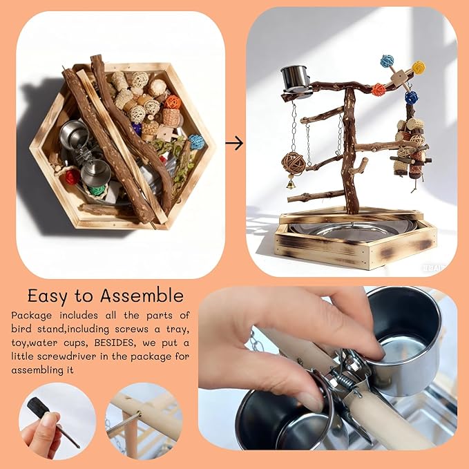 Wooden Bird Play Stand for Parakeets & Cockatiels, Natural Wood Perch Gym with Hanging Toys, Removable Metal Tray, Multi-Level Bird Playground for Small to Medium Birds