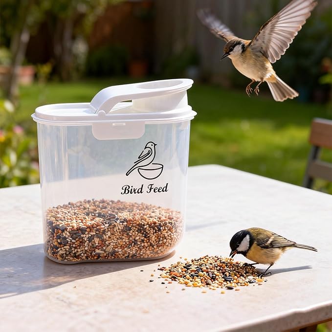 Bird Seed Storage Container, Airtight 2L/4.5Lbs Bird Food Container with Scale & Pour Spout, Portable Bird Food Holder to Keep Food Fresh|BPA-Free-White