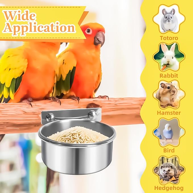 3 Pack Bird Feeding Bowls Cups Parrot Food Water Dishes, Stainless Steel Bird Bowl Cup Dish with Clamp, Birdcage Feeder Pet Cage Bowls for Parrot Cockatiel Budgie Conure Parakeet Small Animal