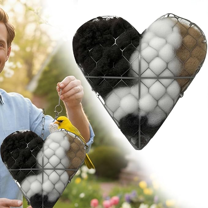 Handmade Fiber Bird Nesting Heart, Refillable Birds Nests Material Holder Heart Shape for Wild Birds, Wool Nest Hummingbird Houses Art Birdhouse Outside Gifts for Birds Lovers (2 Pcs)
