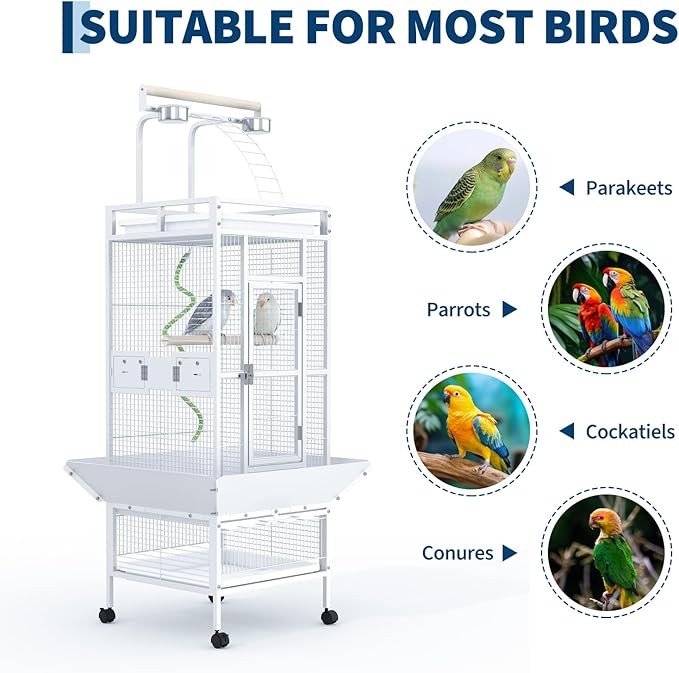 60" h Large Bird Cage, Indoor Parakeet Cage with Playtop, Bird Rope Perche, Heavy Duty Wrought Iron Bird Cage on Wheels for Parrots, Parakeets, Cockatiels, Conures