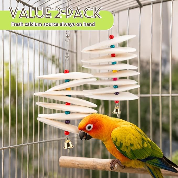 2 Pack Bird Cuttlebone Chew Toys, Natural Cuttlefish Bone for Birds Beak Grinding & Calcium Supplement, Hanging Cage Accessories for Small Medium Birds (2, Thin Slices)