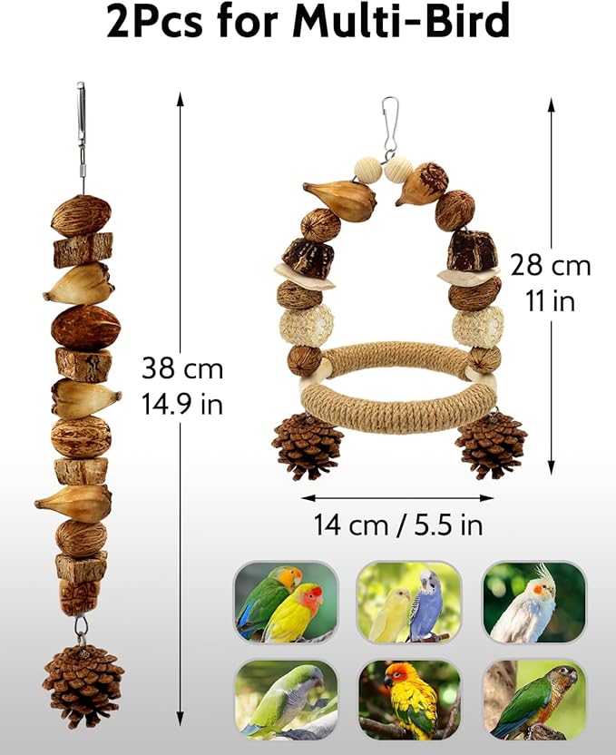2Pcs Natural Bird Chew Toys, Wood Parakeet Swing Toys with Sisal Wrap for Claw Grinding, Hanging Safe Chew Toys for Parrot Beak Care, Multi-Play Design Cockatiel Toys for Budgie Conure Keeps Busy