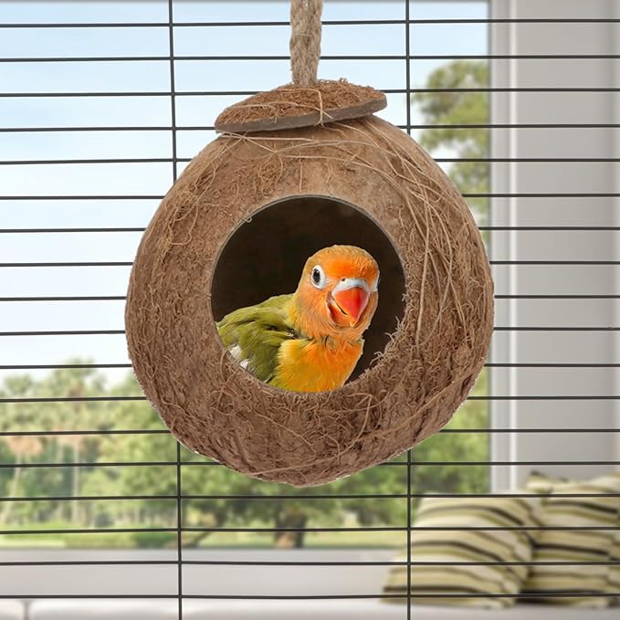 Hypeety Natural Coconut Shell Bird Nest House Hut for Pet Parrot Canary Finch Pigeon Cage Hamster Rat Gerbil Mice Cage Seed Feeder Toy (with Sturdy Hook)