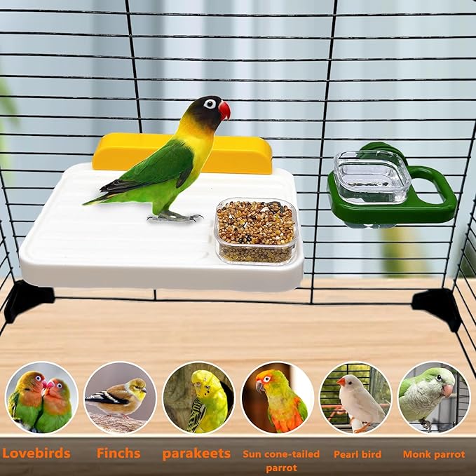 Hamiledyi Bird Cage Feeder with Platform Bird Feeding Cups with Perch Stand Feeder Bowl Cage Accessory for Parakeets Conures Cockatiels Parrot Lovebird