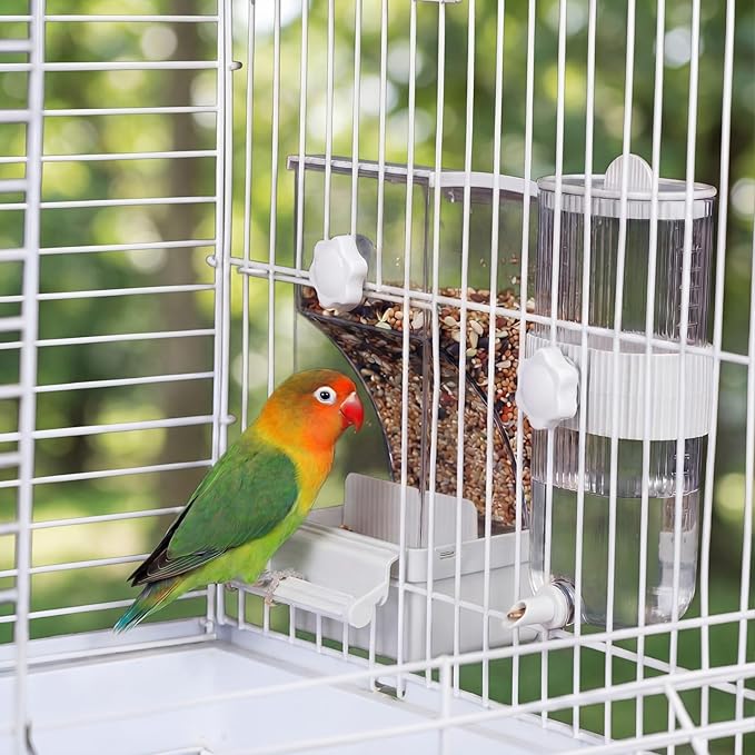 Novabright No Mess Bird Feeder Water Dispenser Set, Automatic Transparent Bird Food Container and 12 oz Automatic Water Feeder for Small Birds Parrot, Cockatoo, Canary, Cage, Lovebird, Budgies(White)