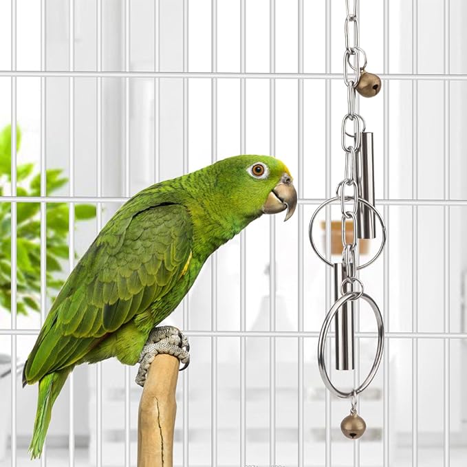 Hypeety Stainless Steel Bird Bell Toys Heavy Duty Hanging Spoons Rings Safe Metal Cage Hanging Bells Toy for Cockatoos Macaws African Grey Large Parrots and Birds (Bells+Rings)