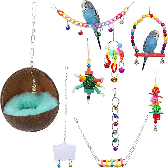 Natural Coconut Shell Bird Nest House, Anti-Pecking Bite with Warm Pad and Bell, Hanging Budgie Tent Beds with 8 Accessories for Bird Parrot Budgie Parakeet Cockatiel Conure Lovebird
