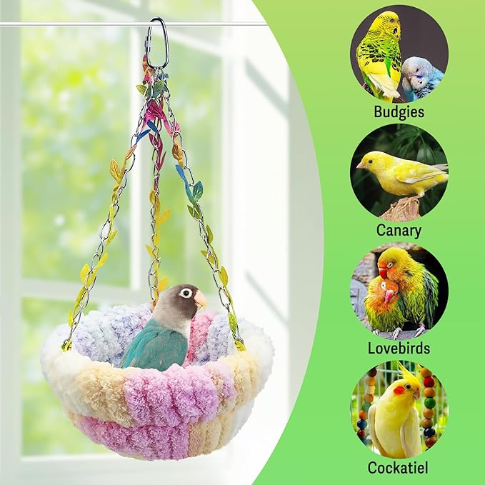 kathson Hanging Bird Bed, Hammock for Cage Winter Warm Bird Plush Nest Parrot Sleeping Bed for Budgie Lovebird Conure Quaker (Diameter 6.3 in, Pink)