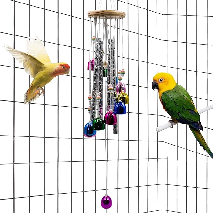 Parakeet Toys with Colorful Bells and Shining Sticks, Bird Cage Accessories Wind Chimes for Chewing, Chew Toys for African Grey, Budgies, Cockatiels, Lovebirds, Conures, Quakers, Small to Medium Birds