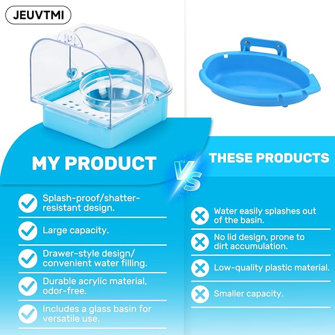 Multifunctional 3-in-1 Hanging Bath Feeding Bowl with Easy Clean Drawer Design for Parrots, Couples, Budgerigars Cage Accessories (Blue)