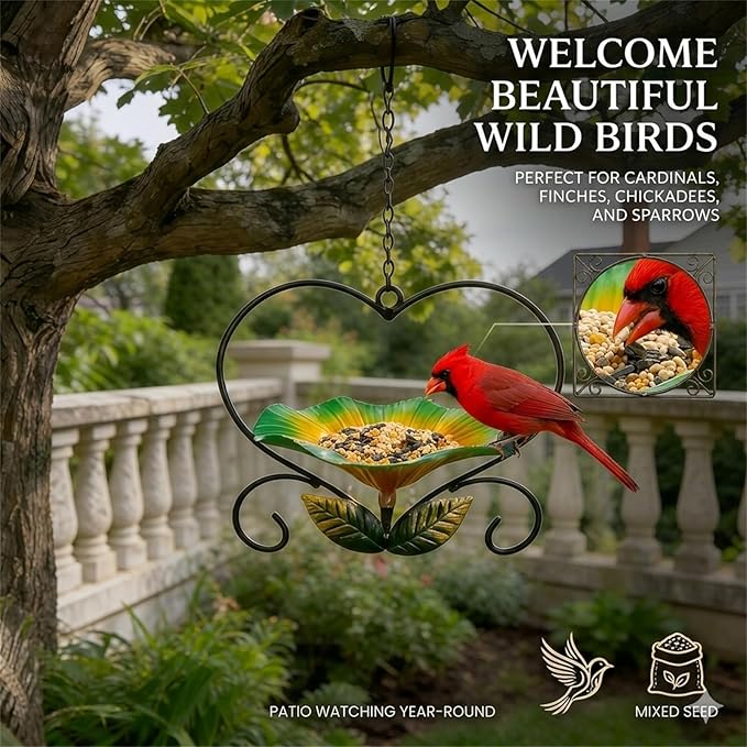 Heart-Shaped Wrought Iron Flower Bird Feeder, Signals Heart Shaped Bird Feeder Stake-Outdoor Garden Patio Decoration for Cardinals, Finches, Parrots & Wild Birds, for Patio Watching (Red)