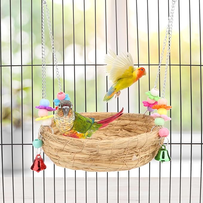 Hypeety Natural Handwoven Straw Nest Bed Large Bird Swing Toy with Bells for Parrot Cockatiel Parakeet African Grey Cockatoo Macaw Budgie Canary Lovebird Cage Perch (A)