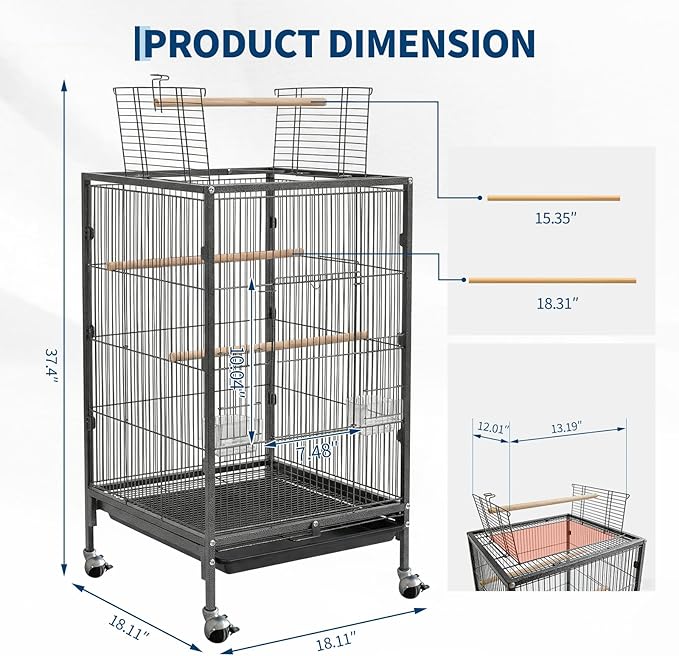 GarveeHome Small Bird Cage with Wheels, Parakeet Cage, Bird Carrier for Parakeets, Canaries, Lovebirds, Small Quaker, Cockatiels, Budgie, Green Cheek (40in)