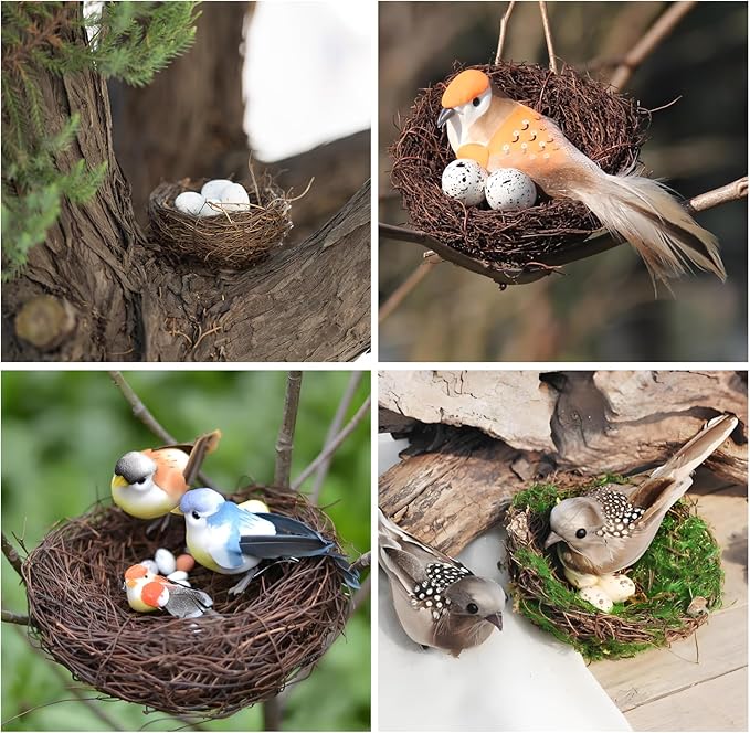 24PCS Small Faux Bird Nests with Eggs – Handmade Rattan Bird Nests for Easter, Weddings, Home Parties, and Christmas Tree Decorations – Includes Mixed Size Nests and Assorted Eggs