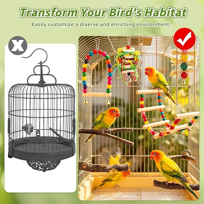 8 PCS Bird Toys & Perches Set - Natural Apple Wood & Hardwood Branches, Birch Ladder Swing, Foraging Shredding Chewing Toys for Parakeets, Cockatiels, Small Medium Bird Cage Accessories