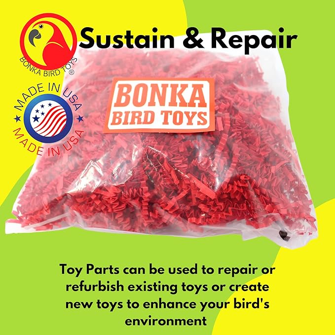 Bonka Bird Toys Colored Crinkle Shred Paper Chew Forage Nesting Treat Natural Multi-Use Craft Part Projects Cockatiels Parakeets Conures Amazons and Other Similar Birds (Red)