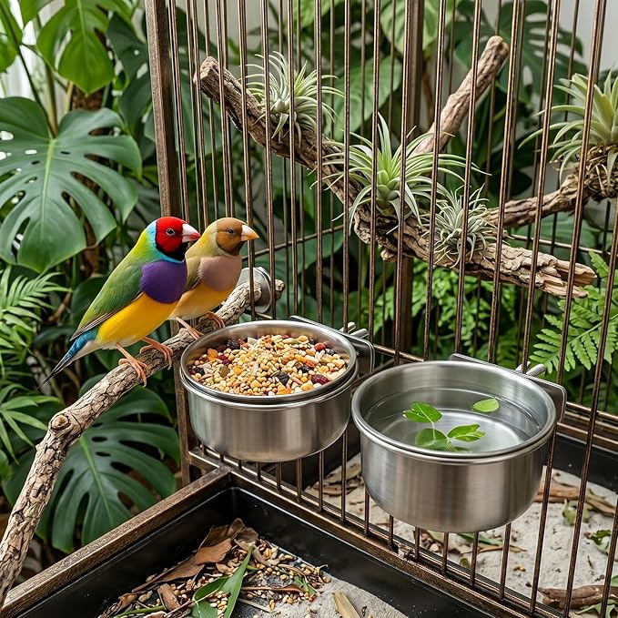 Okllen 4 Pack Bird Feeding Dish Cups, Detachable Stainless Steel Bird Food Bowls with Clamp for Chinchilla Parrot Cockatiel Conure Budgies Parakeet Small Animal
