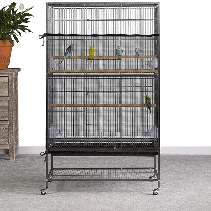 Trinkrittey Large Bird Cage Seed Catcher 31 x 118 inches Adjustable Bird Cage Net Cover Black Bird Cage Cover Elastic Band Mesh Cage Cover Skirt Nylon Mesh for Parakeet Parrot Cages
