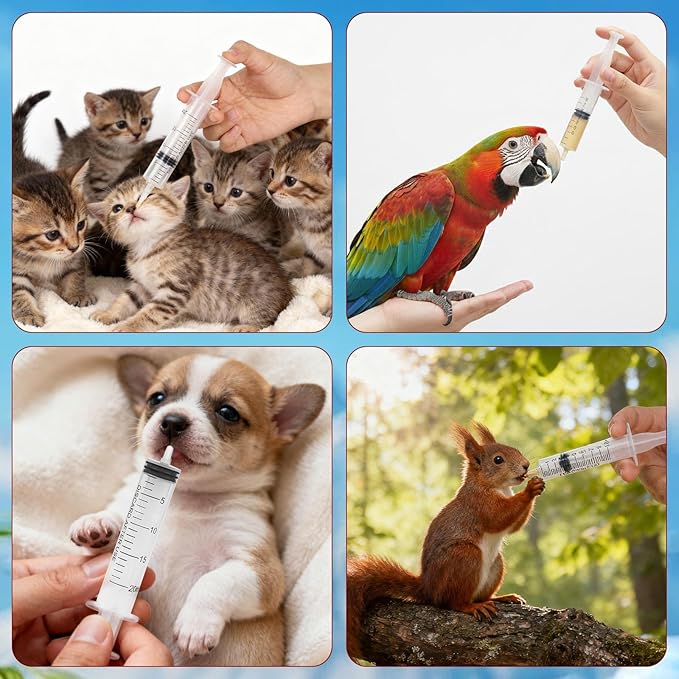 Baby Bird Feeding Syringes, Parrot Hand Syringe Feeder with Soft Tubes, Syringes with 5.94” Tube for Cat Dog Small Animals, Plastic Syringe for Milk Water Liquid Food, Reusable(10ml+10ml+20ml+60ml)