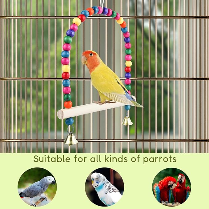 Wooden Bird Swing, 9 Inches Hanging Birds Cage Perches with Playing Bell, Natural Bird Chew Toys Boredom Breaker Bird Toys for Parakeets, Budgie, Cockatiel (Colorful, L)