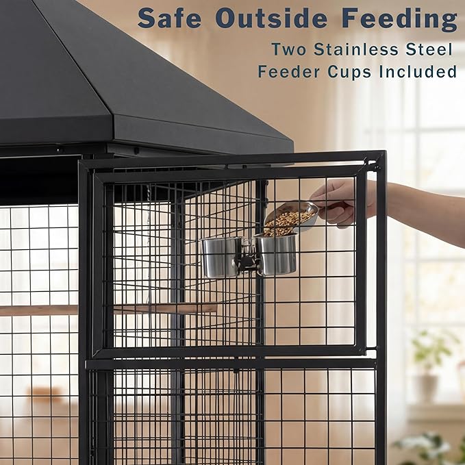 69" Extra Large Bird Cage for Parrots, Heavy Duty Metal Aviary on Wheels with Rolling Stand & Slide-Out Trays for African Greys, Cockatoos, Conures, Macaws, Indoor Outdoor, Black