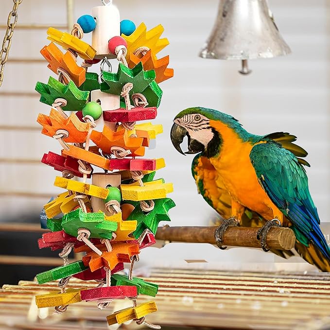 MQ Parrot Chewing Toy for Large and Small Parrots and Birds, Natural Wood Block Tearing Toy with Multicolored Maple Leaf Design, Beak Trimming Toy for African Grey Cockatoos and Amazon Parrots.