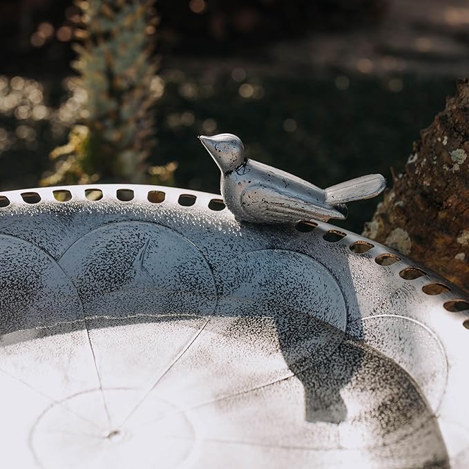 Backyard Expressions Outdoor Garden Bird Bath with Bird - Silver - Weather Resistant Polyresin - 30 Inch