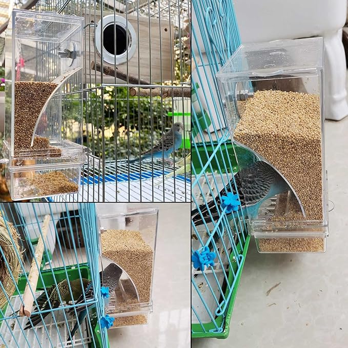 kathson No-Mess Bird Feeder Parrot Integrated Automatic Feeder Seed Food Container Acrylic Finch Foraging Feeders with Perch Cage Accessories for Small Birds Parakeet Canary Cockatiel Lovebirds
