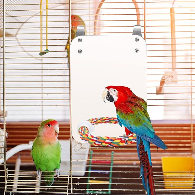 7‘’ Bird Mirror for Cage, Coolrunner Bird Parrot Mirror with Rope for Cockatiel Conures, Lovebirds, Parrot, Canaries, and Budgies