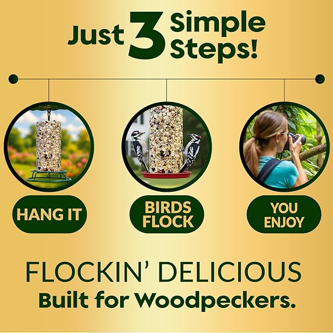 Woodpecker Bird Seed Cylinders with Hole β Premium Woodpecker Food Blend with Sunflower Chips, Peanuts & Suet β Natural High Energy Bird Seed, No Filler, No Shell, No Mess β USA Made (4" x 7.75")