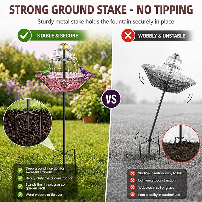 Bird Bath Fountain Solar for Outside, Outdoor Water Fountain Plastic, Attracts Birds with Cascading Spray for Yard & Patio (Pink(XL))