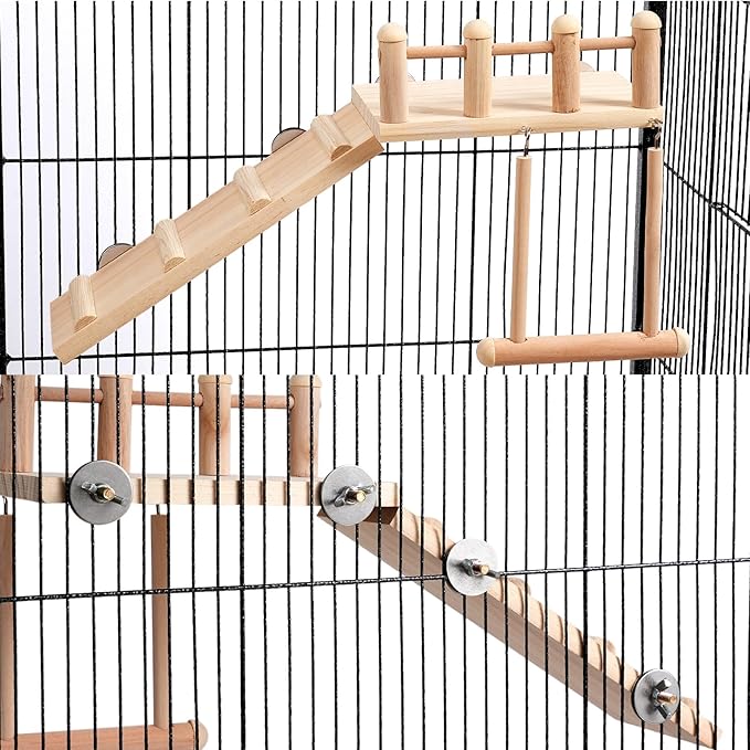 FrgKbTm Wooden Parrot Bird Perch Platform with Climbing Ladder,Parrot Play Stand Bird Swing Bridge Chewing Toys for Parakeet Cockatiel Conure Lovebirds (Bird Swing Set 2)
