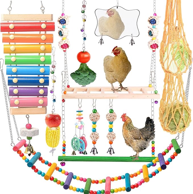Chicken Toys for Coop 12PCS Set, KAKUNM Chicken Enrichment Toys,Including Xylophone, Swing Set, Mirror Toy, Flexible Ladder, Vegetable String Bag and Hanging Feeder, Coop Accessories for Hens
